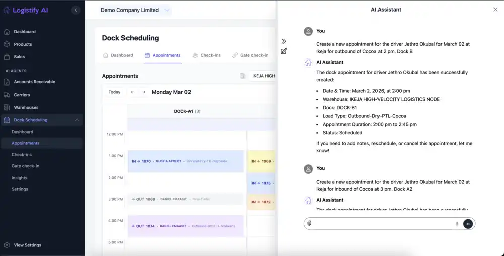 Logistify AI platform showing the AI Assistant creating a dock appointment