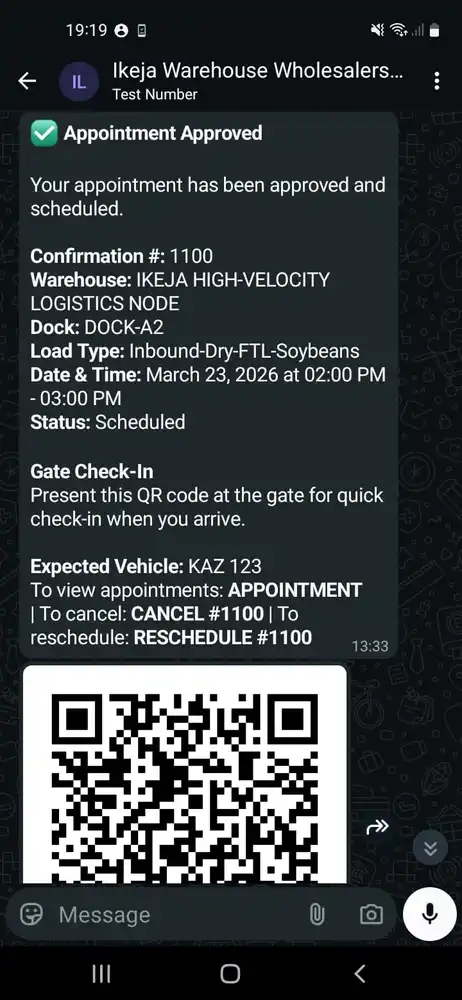 WhatsApp message showing a dock appointment confirmation with QR code sent to a carrier