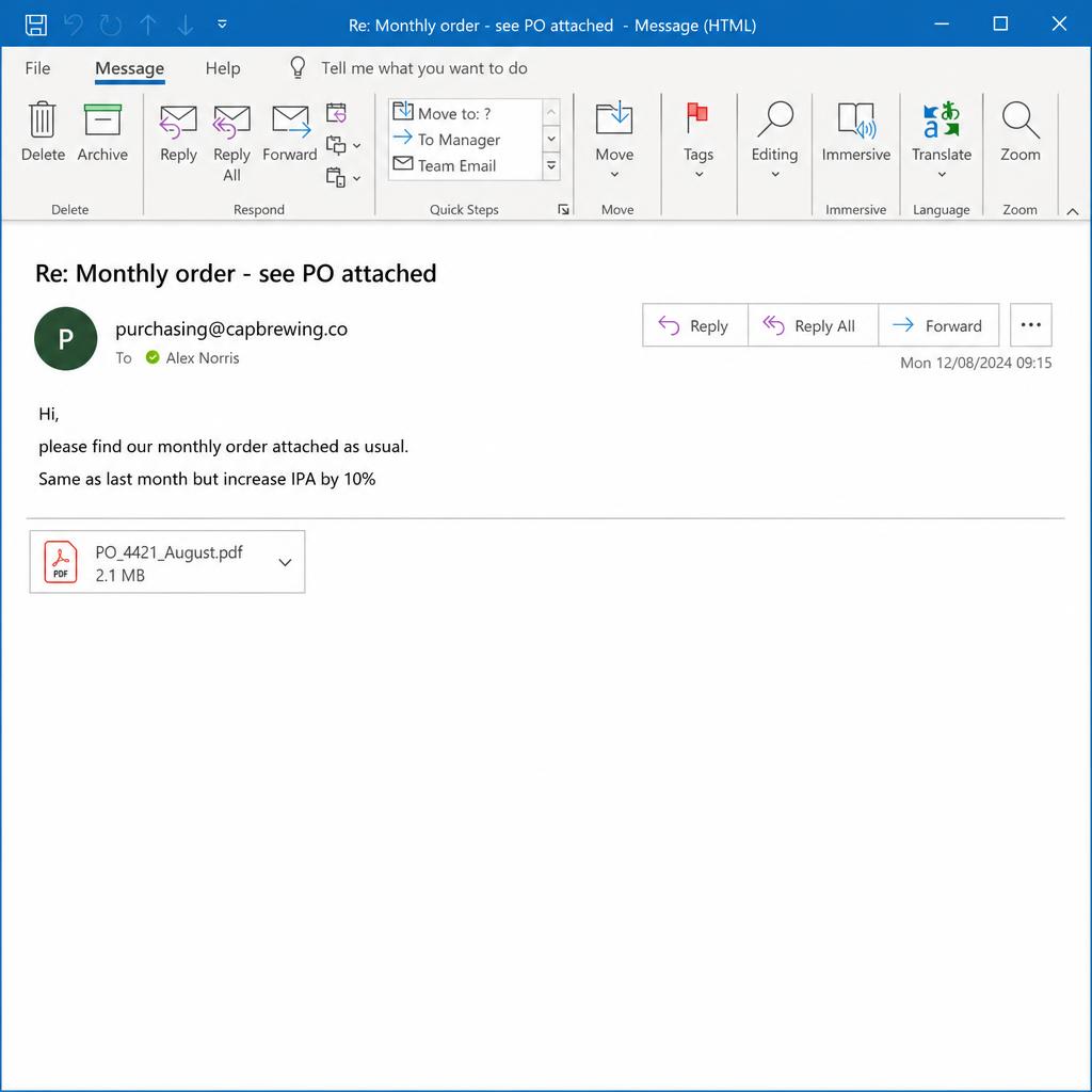 Email order with PDF purchase order attached