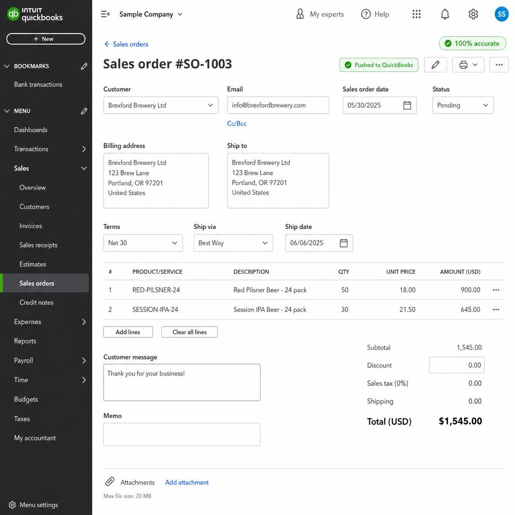 QuickBooks sales order — ERP-ready
