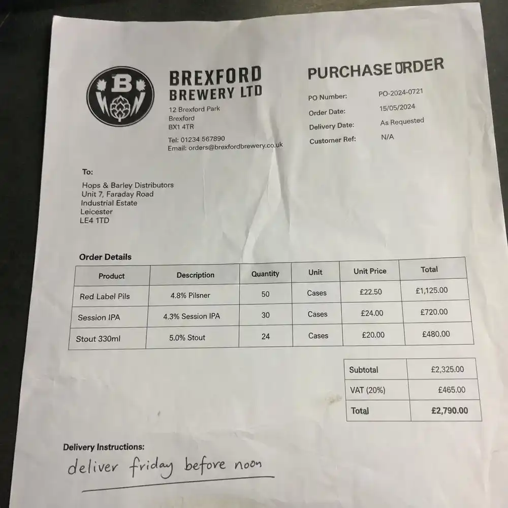Real purchase order from Brexford Brewery with informal product names